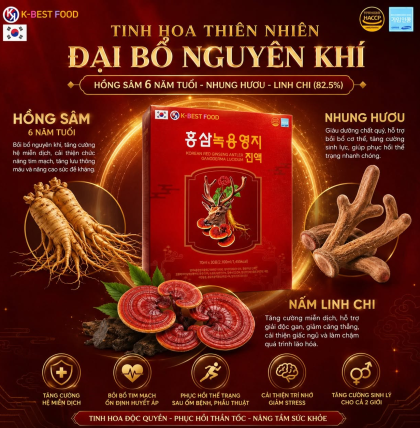 Nước hồng sâm linh chi nhung hươu 30 gói x 70ml (Thùng 6 hộp)
